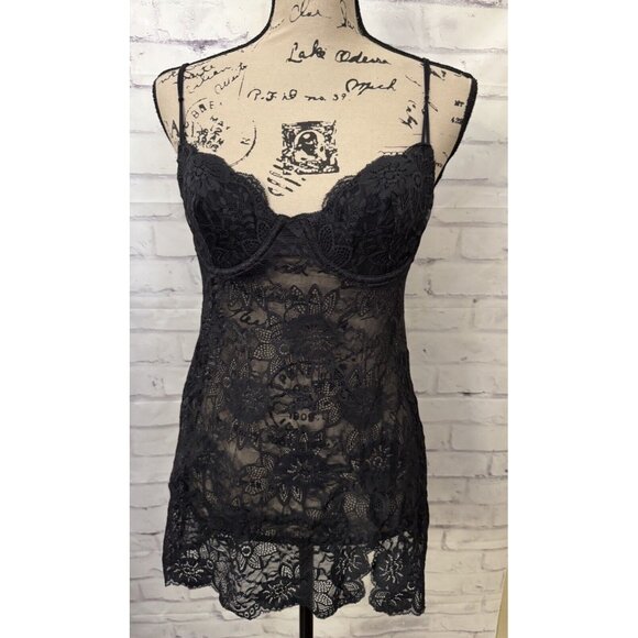 Victoria’s Secret Size 34C Black Lace Sheer Neglige Slip Dress Underwire Sexy - Picture 1 of 11